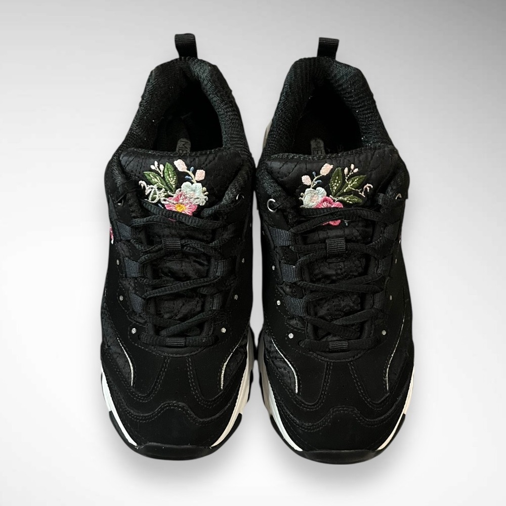 SKECHERS D'Lites Bright Blossoms Black Sneakers Floral‎ Embroidery Leather Upper - Picture 4 of 11